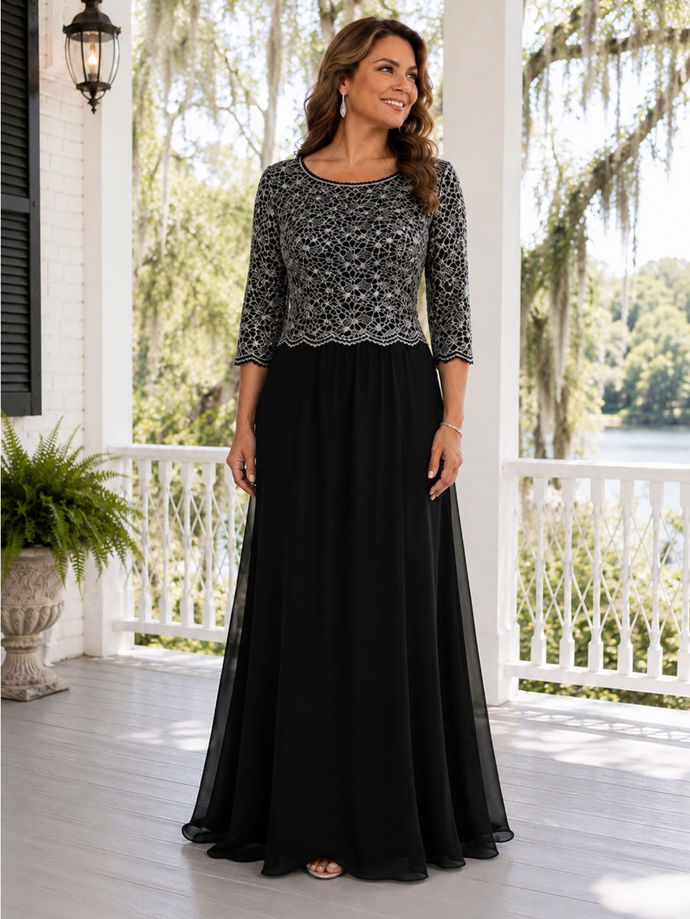 Alex Evenings Chiffon A-Line Gown Black Scalloped Hem 3/4 Sleeve 8 MSRP $199
